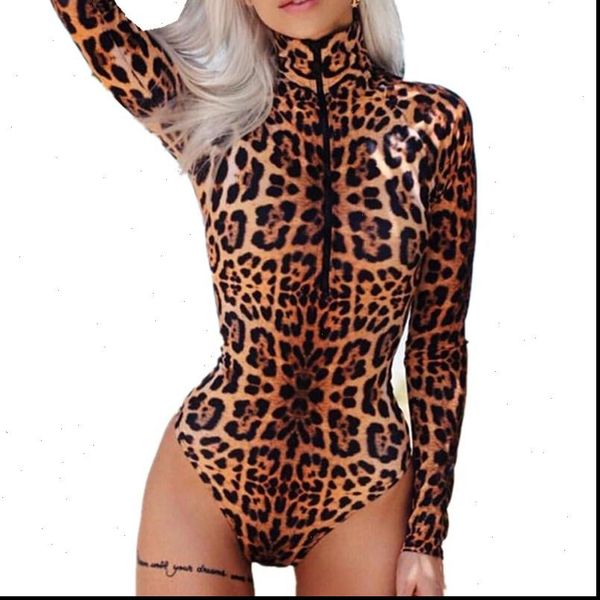 

women leopard long sleeve bodysuit stretch leotard zipper fashion playsuits amp bodysuits women female, Black;white