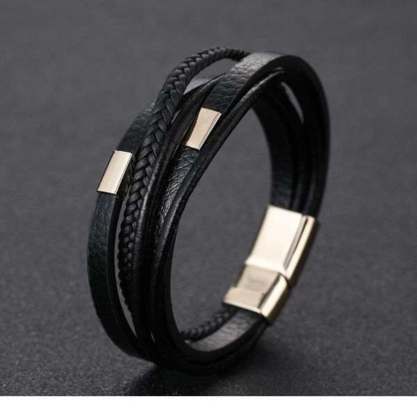 

genuine leather bracelet for men hand charm jewelry multilayer magnet cowhide braided wrap bracelets bangles male handma jllsxi, Black