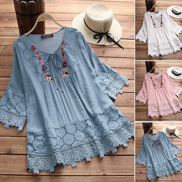 

2020 zanzea plus size lace women's embroidery blouse female 3/4 flare sleeve shirt female casual patchwork blusa woman tunic1, White
