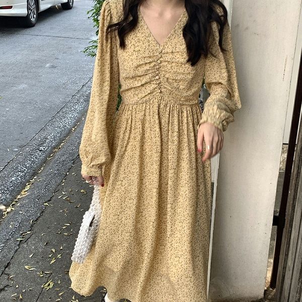 

2020 button skirt skirt long skirtspring and autumn new korean floral v-neck button slim bubble sleeve long sleeve mid length dress dlpgl dl, Black;gray