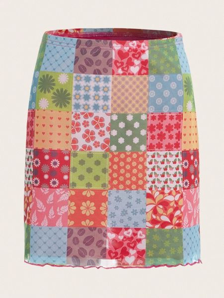 

plaid print lettuce trim mesh bodycon skirt s7hy#, Black