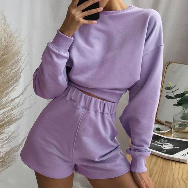 

women 2 pieces set long-sleeve sweatshirt high waist slimming biker shorts active sport tracksuit, Gray