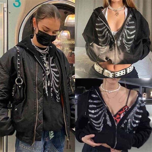 

y2k rhinestone skeleton hoodies women gothic zip up oversized hoodie streetwear harajuku punk long sleeve jacket autumn, Black