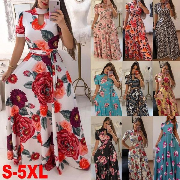 

casual dresses 2021 bohemian printing long dress big women elegant flower printed chiffon long1, Black;gray