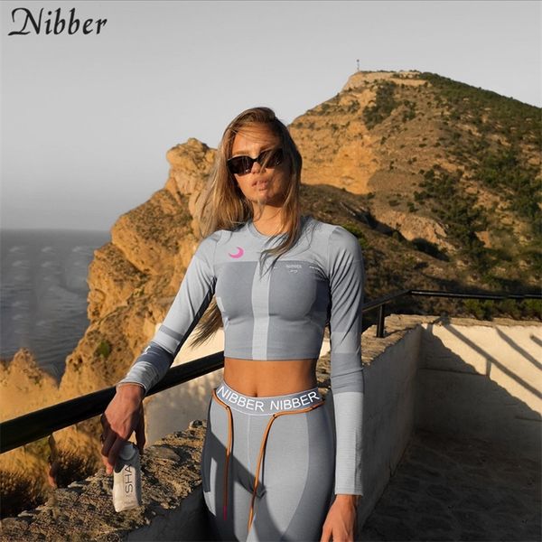 

nibber black patchwork leisure sportswear 2two pieces sets womens print elastic skinny leggings crop jogging active suits 201104, Gray