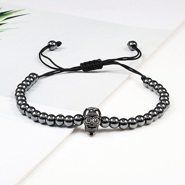 

beaded, strands classical men handmade braided bracelet 5mm copper beads pave cz punk skull adjustable luxury women bracelets charms jewelry, Black
