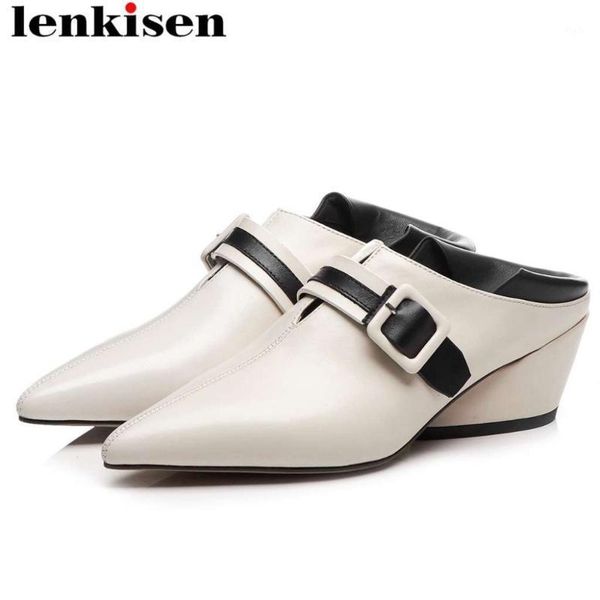 

lenkisen cow leather mixed color slip on strange style med heels pointed toe buckle belt design dress career big size pumps l0f21, Black