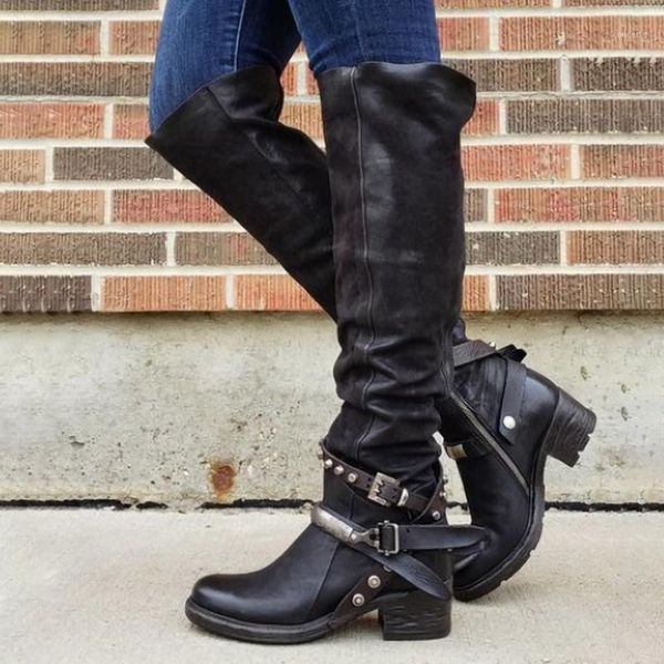 

buckle zipper shoes women boots low heels knee high boots 2020 vintage pu leather booties rivets mujer zapatos botas mujer1, Black