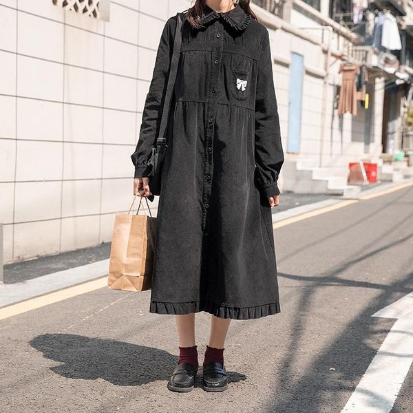 

ретро вельвет рубашка платье женщины японская vintage сборки питер пэн воротник цветочные кнопки с длинным рукавом midi черное платье 2020 п, Black;gray