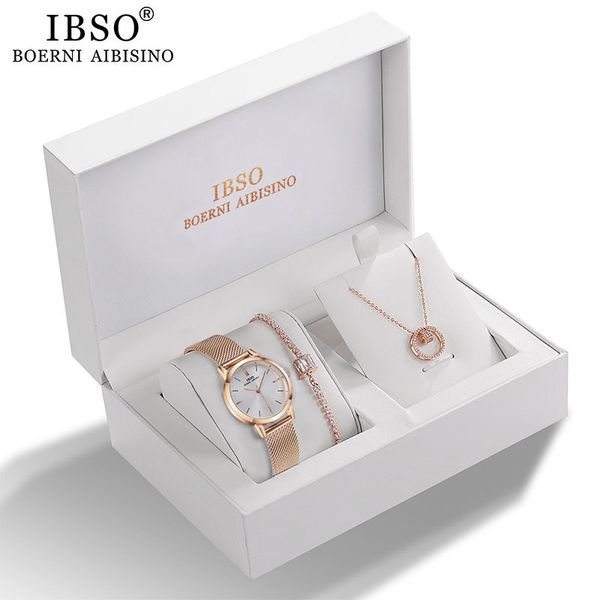 

ibso women quartz watch set rose gold crystal design bracelet necklace watch sets female jewelry set watch lady's wife mom gift 201114, Slivery;brown