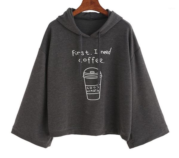 

wholesale- korean style funny women hoodies long sleeve gray first i need coffee letter print hooded sweatshirt pullovers sudaderas mujer1, Black