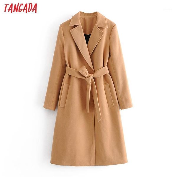 

tangada women khaki woolen coats with slash long sleeves pocket 2020 office lady elegant autumn winter coat 3w301, Black