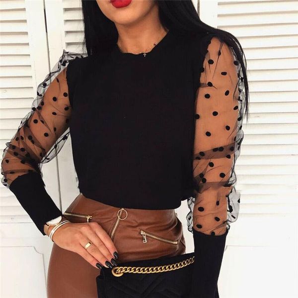

2021 vintage women blouse shirt polka dot sheer long puff sleeve bodycon summer blouses female black white shirts