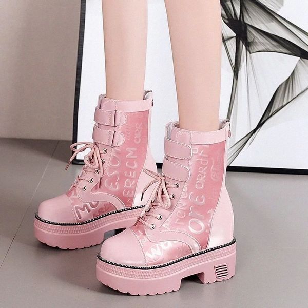 

lucyever casual letters platform chunky boots women fashion double buckle hidden heels ankle boots woman pu leather punk shoes #v86a, Black