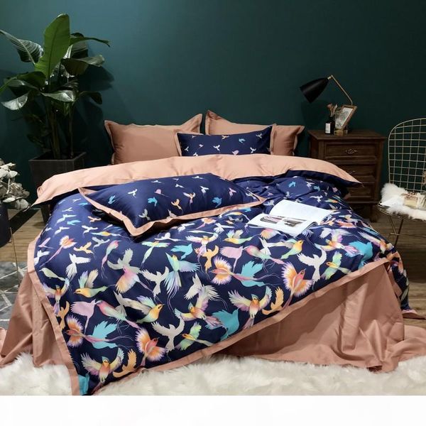 

60s egypt cotton white blue birds bedding set 4pcs king  size tribute silk home bed set cotton bed linen bedsheet