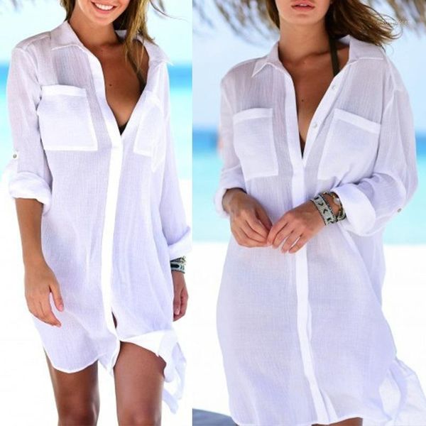 

women's blouses & shirts transparent beach cover up women shirt white long sleeve turn-down collar lady summer casual female shirt