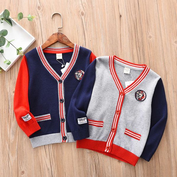 

wear embroidery bear 2021 spring boys' new and girls' cardigan children's v-neck color matching casual sweater okd7, Blue