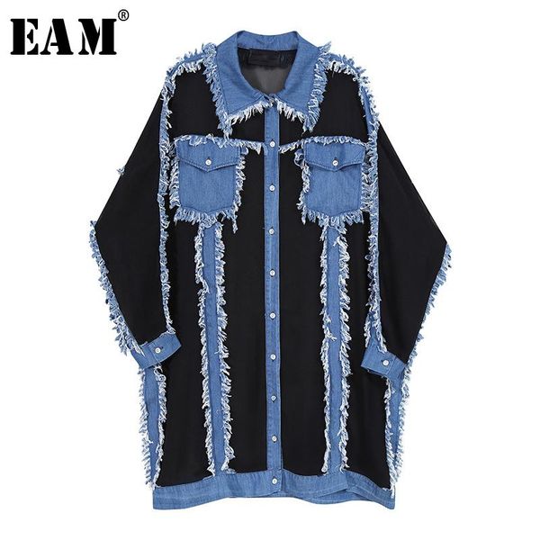 

eam] женщины джинсовая шифон перспектива большой размер рубашка платье новый отворот с длинным рукавом свободная подходящая мода весна осен, White;black