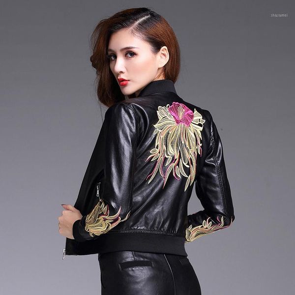 

embroidery pu leather coat women's fall winter jacket punk rock motobike1, Black