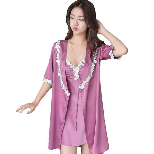 

wmyqdlq pyjamas ladies imitation silk summer pajama with chest pad two-piece ice silk nightgown pijamas pijama, Black;red