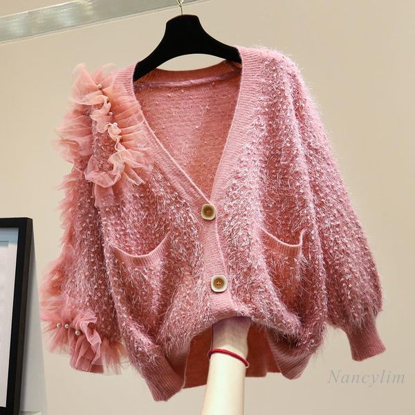 

2020 autumn and winter women's beads tassel cardigan coat korean style loose mesh pleated stitching bright silk sweater, White