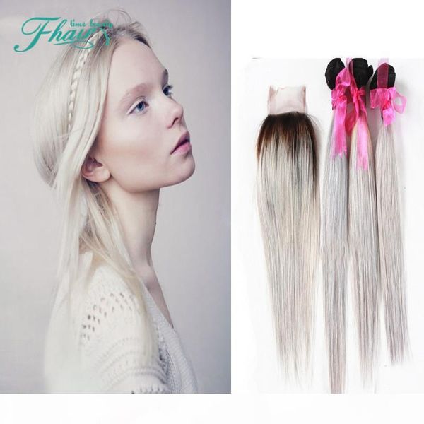 

malaysian #1b grey straight ombre hair weave with 4*4 lace closure 3pcs wavy dark root silver grey hair with lace closure 4pcs lot, Black