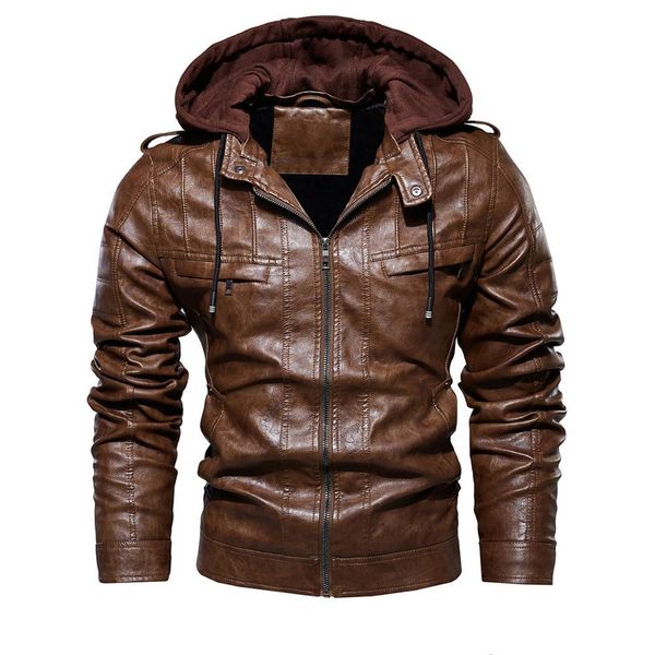 

2021 new leather hooded solid vintage male pu coat motor biker style fleece streetwear waterproof men faux jacket winter dxwv, Black