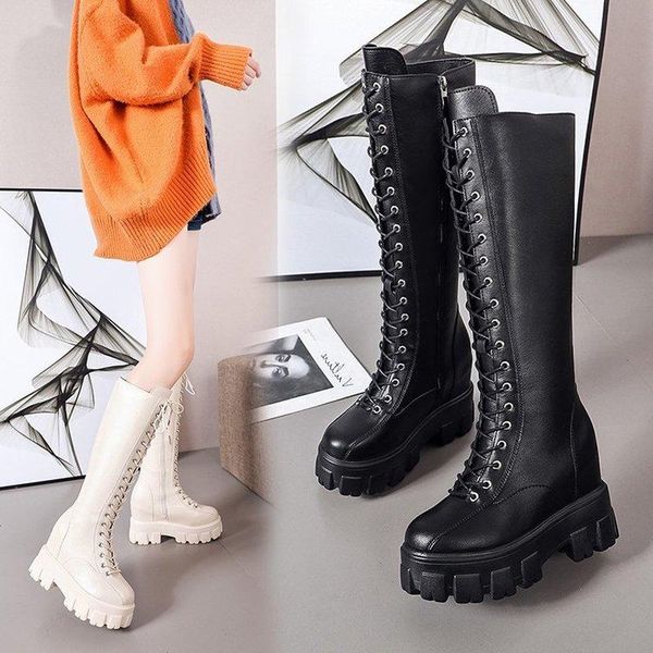 

rubber thick heels female knight boots roman lace-up fashion long boots women shoes autumn round toe pu women knee-high, Black