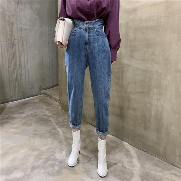 

korean high waist jeans for women harem pants female 2020 trendy loose ladies denim trousers casual vintage mom boyfriend jeans, Blue