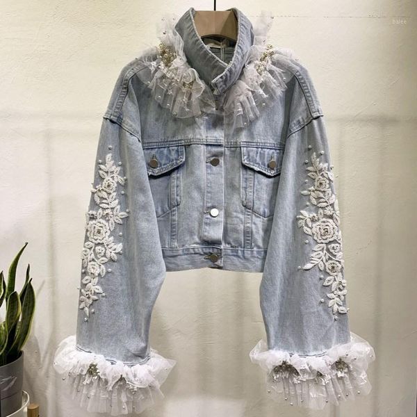 

new fashion pearls bead diamonds lace luxury short design denim jacket coat women high waist cowboy coats streetwear cc2011, Black;brown