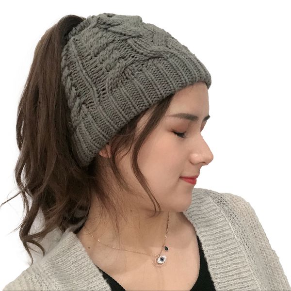 

women chunky knitted beanie ponytail hat for womens winter soft warm cap, Blue;gray