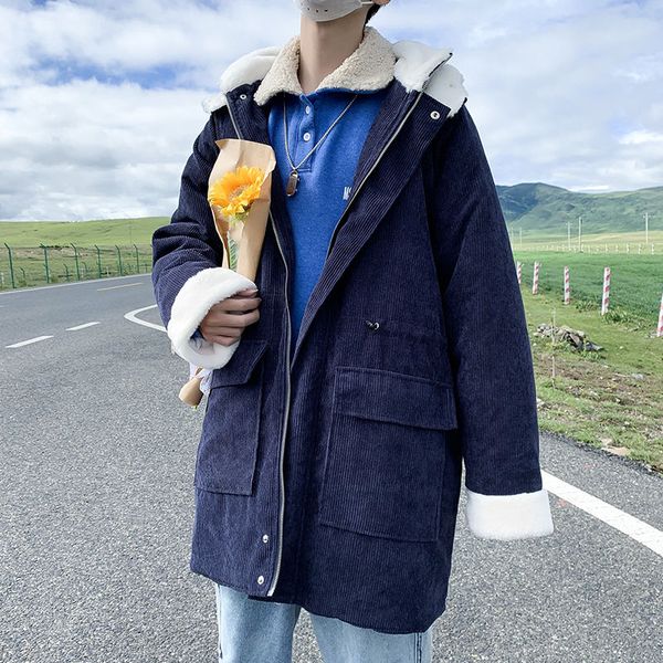 

winter long coat men's parka warm fashion retro casual hooded coat men wild loose oversize thicken lamb wool jacket mens clothes, Black