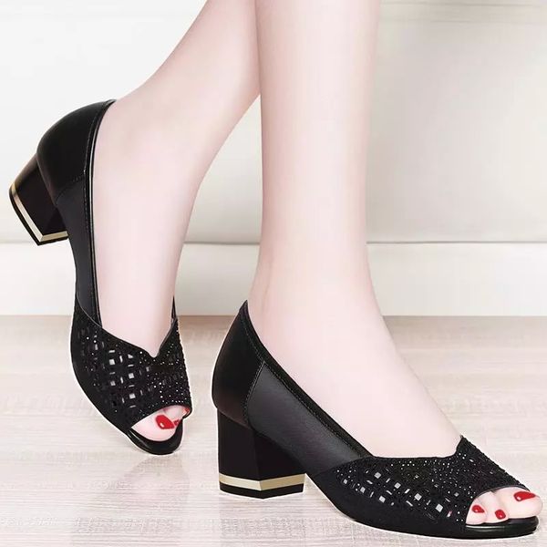 

2020 summer shoes women peep toe pumps bling high heeld sandals dress shoes cut-outs ladies mesh boat black 6620n #kl65