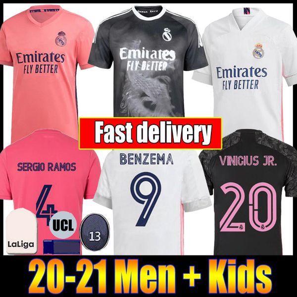 

20 21 real madrid football jersey benzema vini jr modric asensio sergio ramos hazard 2020 2021 men + kids kit sports soccer shirt, Black;yellow