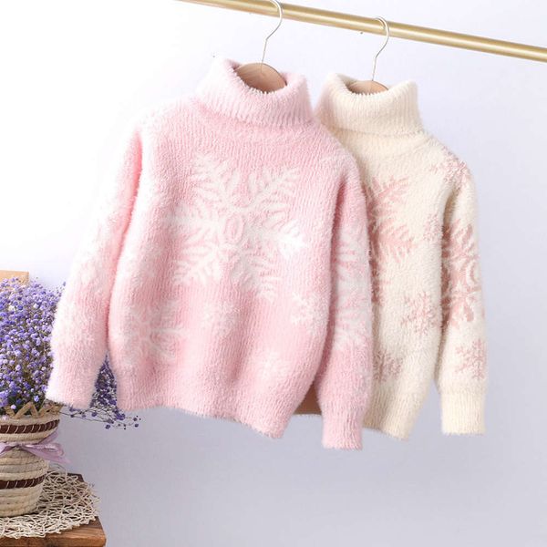 

jacquard winter 2020 girl's mink cashmere high collar t-shirt two lapels children's thickened sweater, Blue