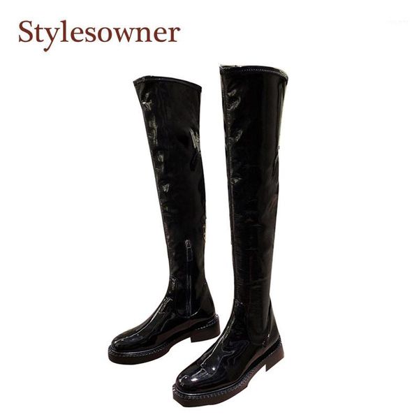 

stylesowner 2020 winter spring patent leather side zipper knee-high boots round toe square-heel motorcycle boots for woman1, Black