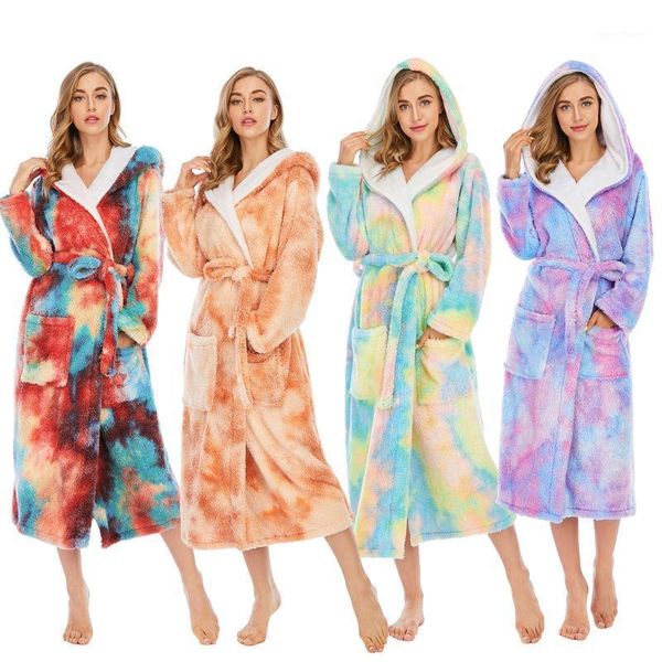

women colorful tie-dye coral fleece double pockets thick loose hooded home robe sleepwear women's1, Black;red