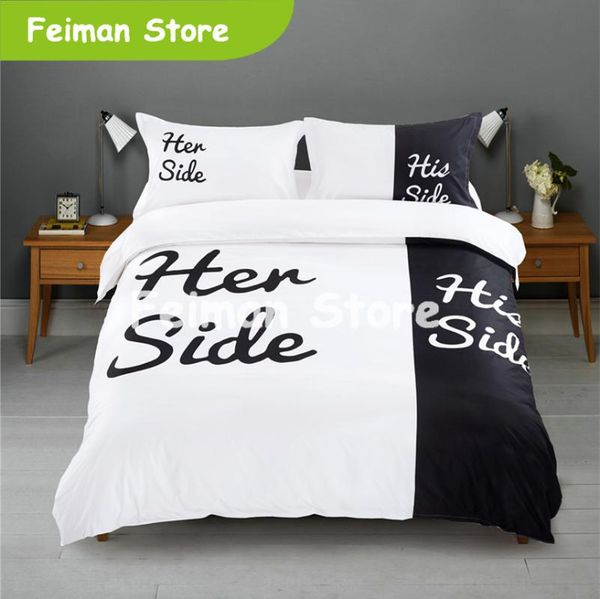

black&white her side his side bedding sets /king size double bed 3pcs/4pcs bed linen couples duvet cover set
