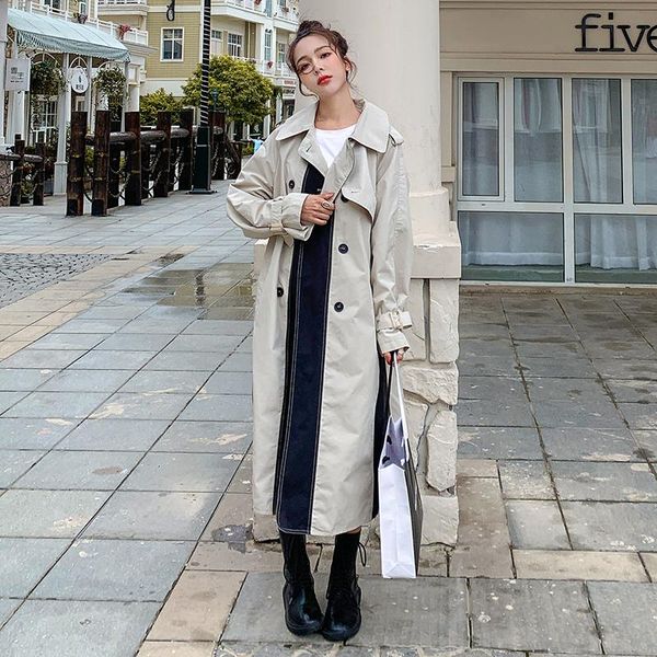 

women's trench coats windbreaker female 2021 design stitching color contrast fashion spring autumn coat casual mid-length b01, Tan;black