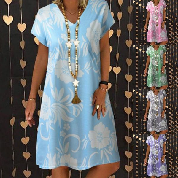 

@ women's tie-dye dress vintage loose leisure v-collar short sleeve dress plus size vestidos de verano loose daily dresses, Black;gray