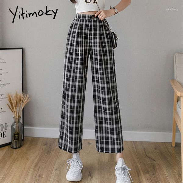 

women's pants & capris cotton and linen plaid elastic waist women high plus size wide leg casual female korean trousers women1, Black;white