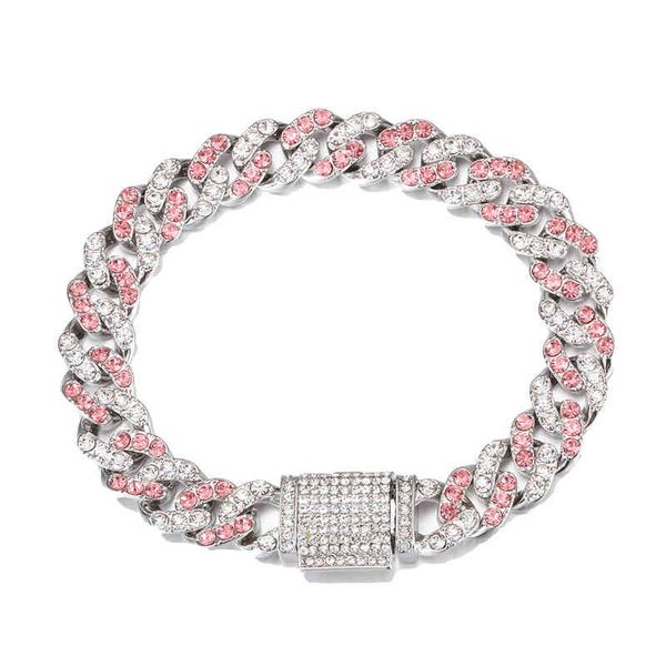 

trend hip hop african 11mm pink and white diamonds pink rhintone bangle chain cuban link bracelet, Golden;silver