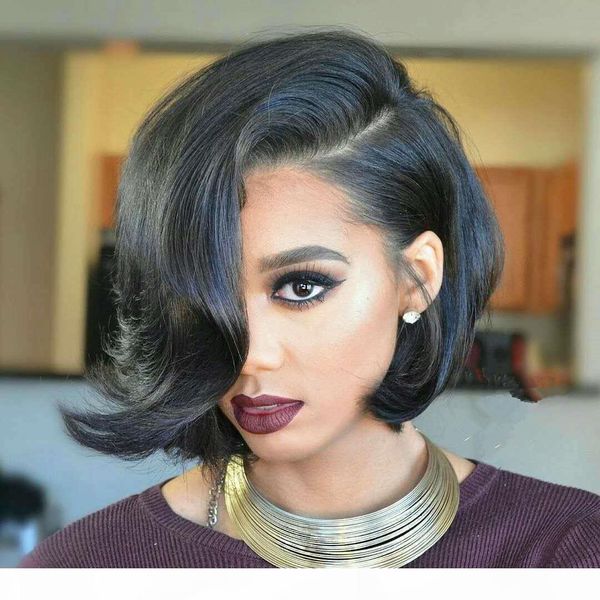 

side bang fluffy wavy bob lace front human hair wigs 180%density curly bob human hair for black women, Black;brown