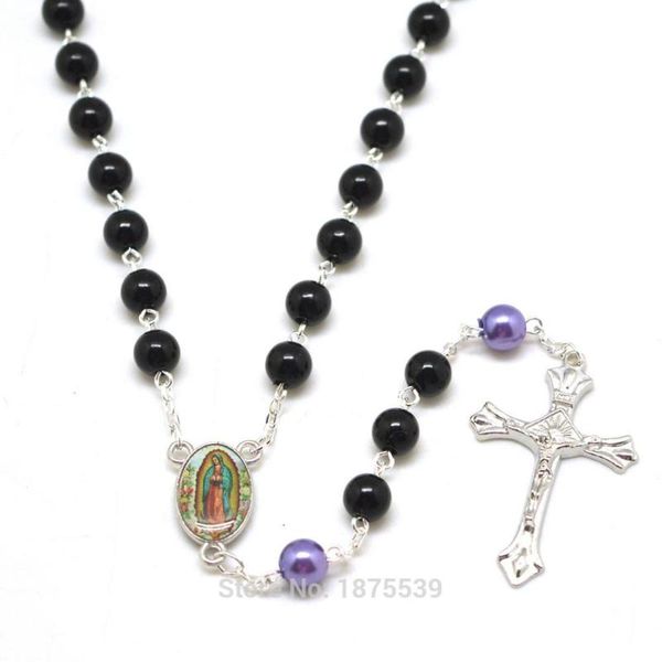 

st jude our lady of guadalupe abs plastic bead black purple color rosary necklaces, Silver