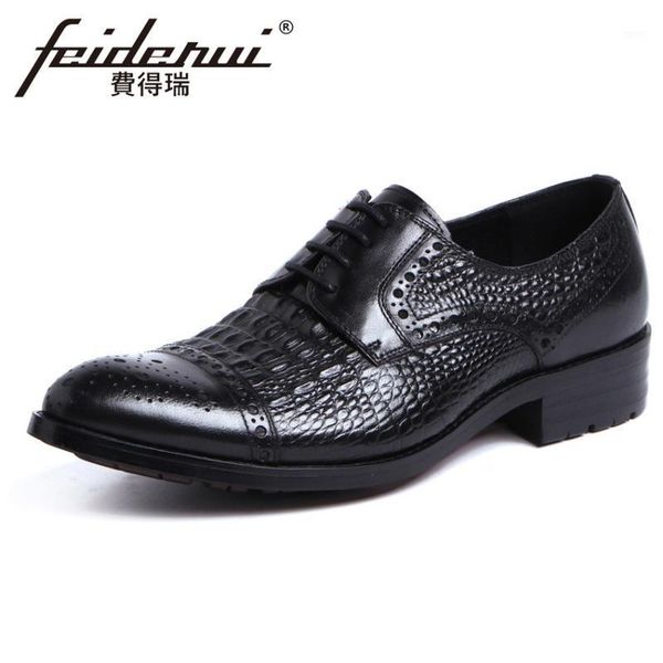 

new alligator genuine leather men's handmade carved oxfords vintage round toe derby man formal dress wedding brogue shoes ymx4961, Black