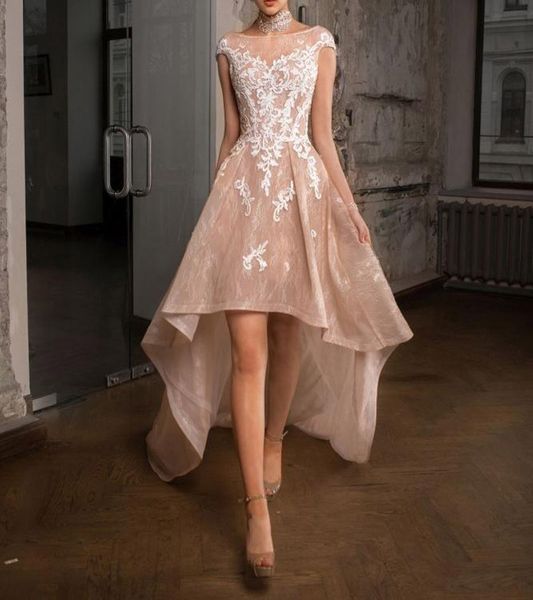 

high low wedding dresses bridal gowns 2021 sheer neck appliqued low back wedding gown with short sleevs, White