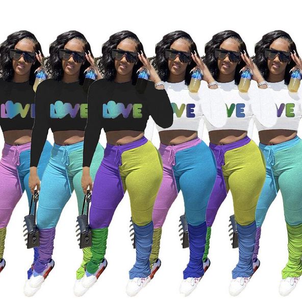 

women tracksuit letters love long sleeve sweatshirts crop contrast color pleated trousers pants two pieces outfits sport suit d102603, White