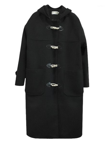 

women winter horn buckle wool jacket fashion loose female hooded woolen overcoat coat black warm plus cotton jacket1