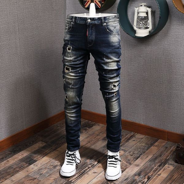 

2021 new fashion streetwear men jeans retro black blue slim fit destroyed ripped denim punk pants elastic hip hop trousers 9qix