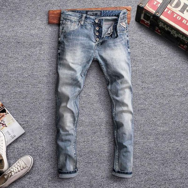 

men's jeans italian vintage style fashion men slim fit classical buttons pants light blue designer homme1